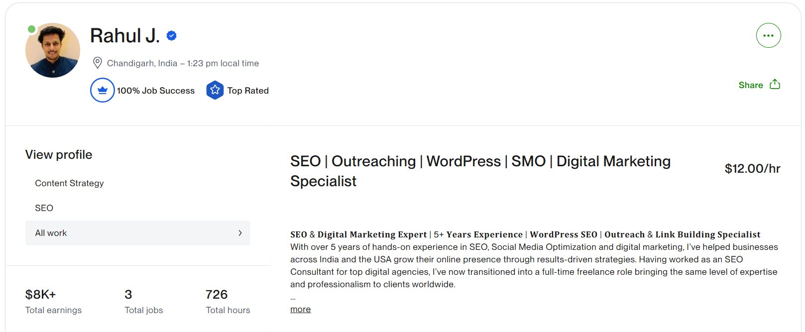 Rahul Jindal Upwork Profile