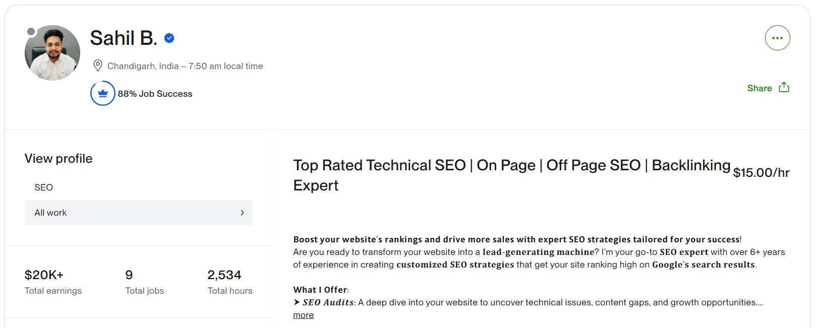 Sahil Bansal Upwork Profile