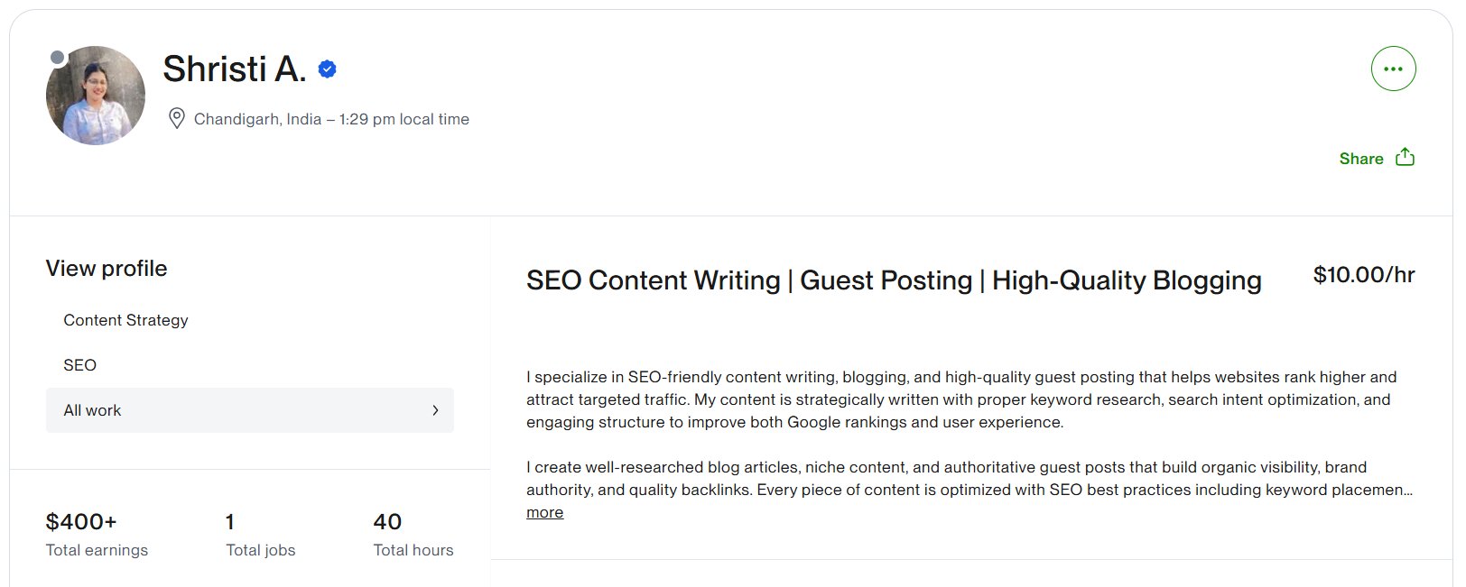 Shristi Aggarwal Upwork Profile